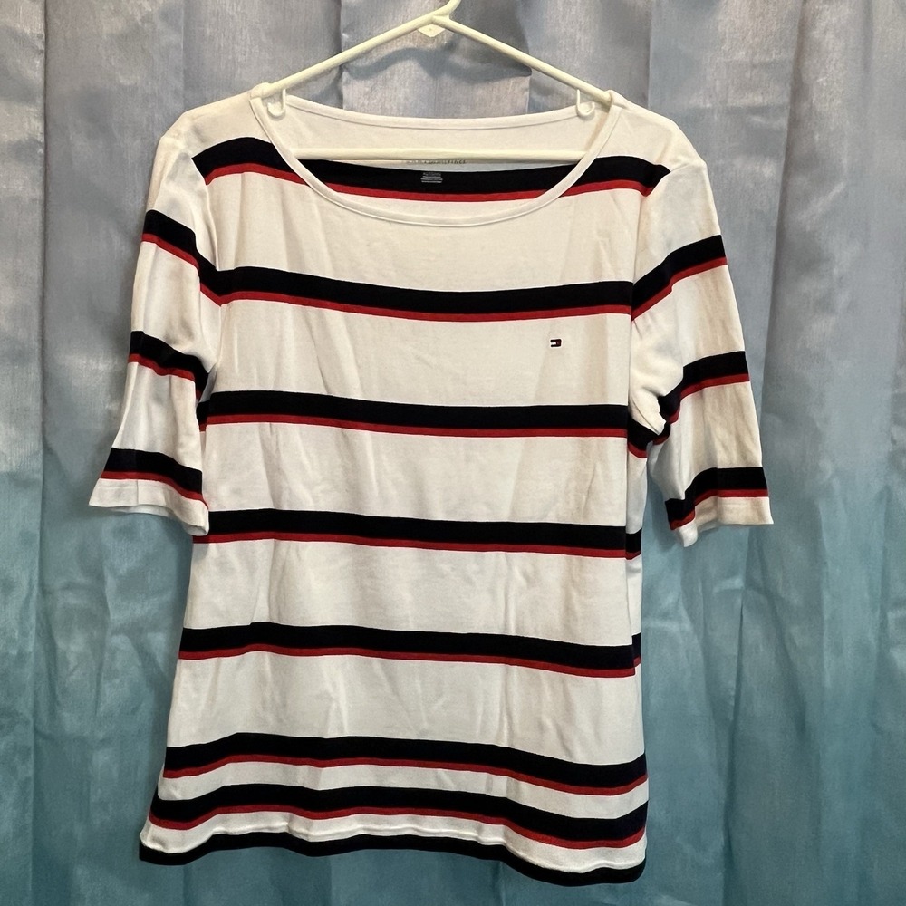 Tommy Hilfiger Women's Cotton T-Shirt Top Red‎ White Blue Striped XL